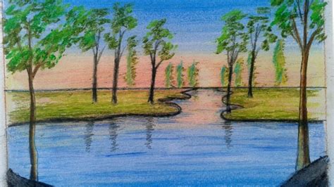 How To Draw A Forest Land With A Lake Sunset By Using Oilpastels