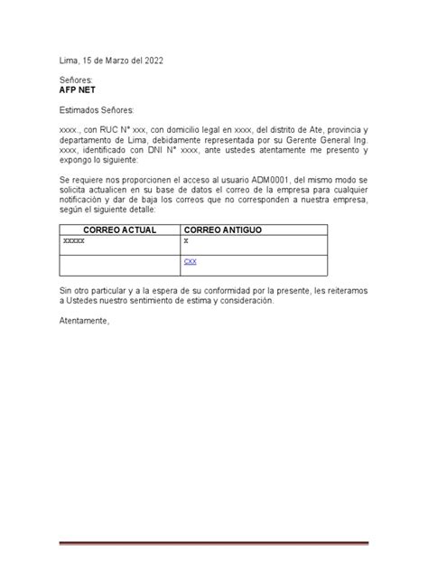 Carta A Afp Net Actualizacion De Usuario Pdf