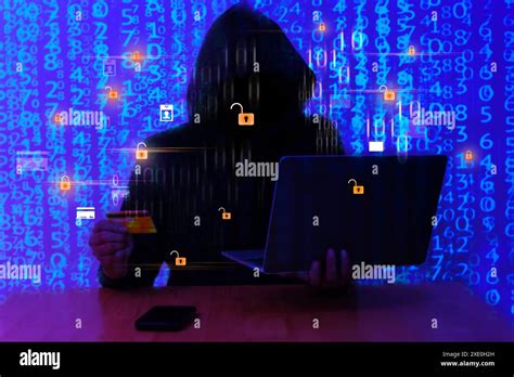 Hooded computer hacker in cybersecurity vulnerability Log4J on server room background. Metaverse ...