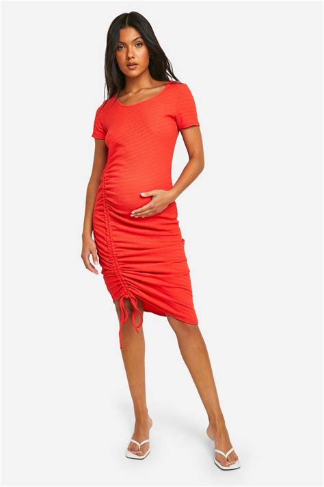 Maternity Textured Short Sleeve Ruched Midi Dress Boohoo Uk