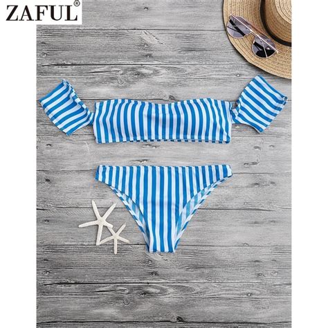 ZAFUL 2019 New Women Stripe Off The Shoulder Bikini Set Sexy Low Waist