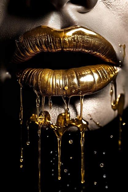 Premium Photo A Close Up Of A Womans Lips With Gold Paint Dripping