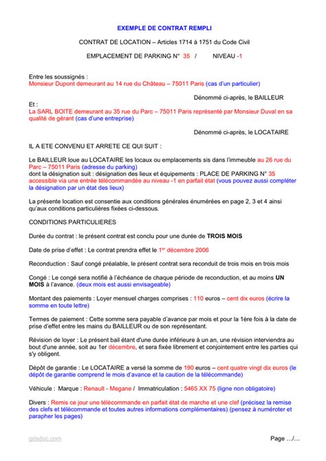 Model De Contrat Parking Doc Pdf Page Sur