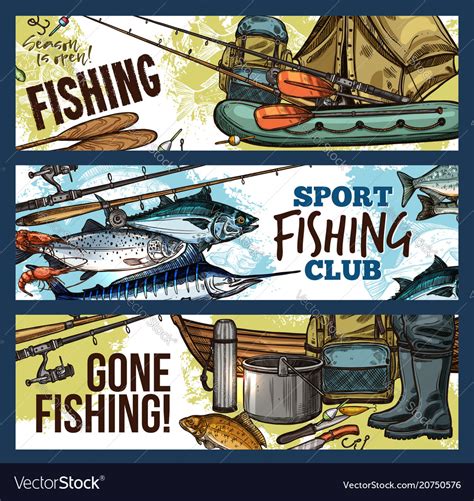 Fishing Banner With Fisherman Tackle And Fish Vector Image