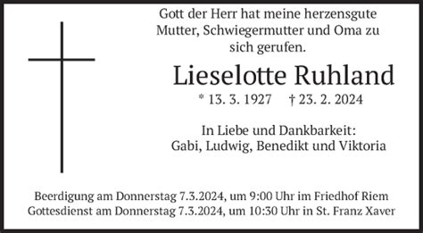 Traueranzeigen Von Lieselotte Ruhland Trauer Merkur De