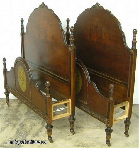 Antique Pair Burl Walnut Paint Decorated Twin Beds At Antique Furnitureus