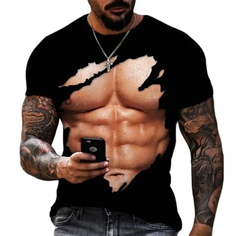 New Mens T Shirts Muscular Men 3d Printing Round Neck Short Sleeves