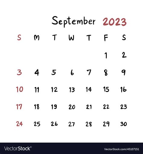 September Calendar 2023 Hand Draw Royalty Free Vector Image