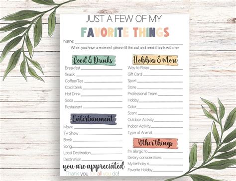 Favorites Survey Printable Questionnaire My Favorite Things Get To