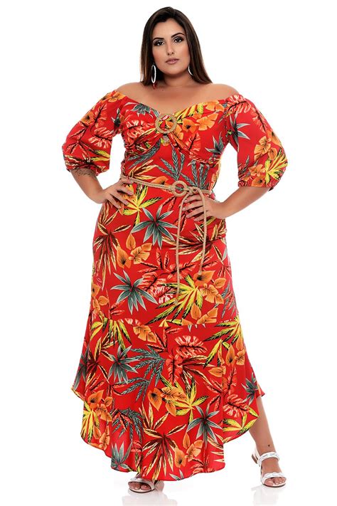 Vestido Plus Size Floral Longo Barra Vk Moda Plus Size