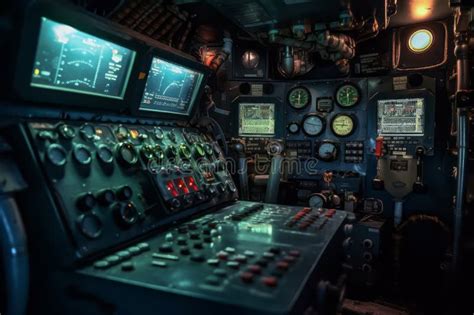 Control Panel Inside A Submarine S Command Center With Illuminated