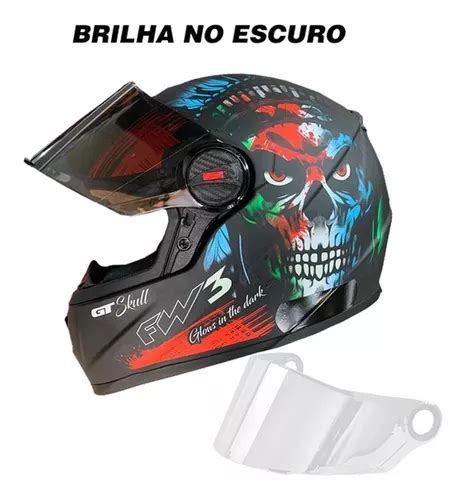 Capacete Fw3 Gt Skull Caveira Viseira Fumê E Cristal Nfe