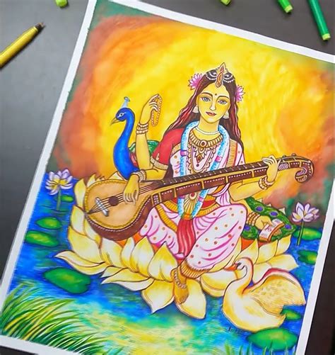 Saraswati Maa Drawing with Sketch Pen