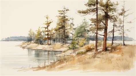 Premium Photo Detailed Watercolor Painting Of Pine Trees By The Lake