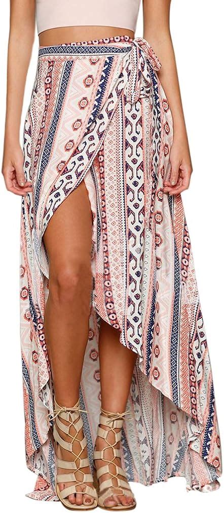 Maxirock Sommer Chiffon Asymmetrische Boho Röcke Mit Blumenmuster Damen