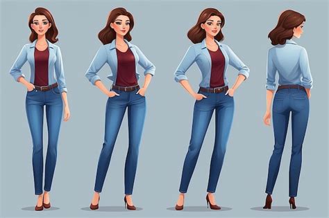 Casual Business Woman Character In Different Poses Set In Jeans