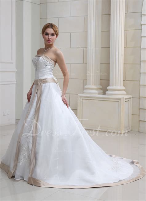 Ball Gown Strapless Chapel Train Satin Wedding Dress With Embroidered