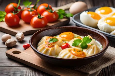 Premium AI Image | eggs with tomatoes and eggs on a wooden board