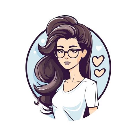 Chica linda personaje de dibujos animados con gafas y fondo de corazón