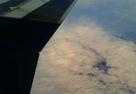 Glory: Circular rainbow from an airplane window.