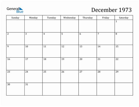 December 1973 Monthly Calendar (PDF, Word, Excel)