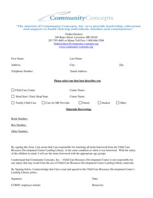 Fillable Online Community Concepts Lending Library Borrow Form Doc