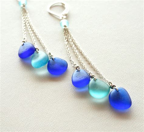 Sea Glass Earrings Long Dangles Cobalt Blue Aqua Chalcedony