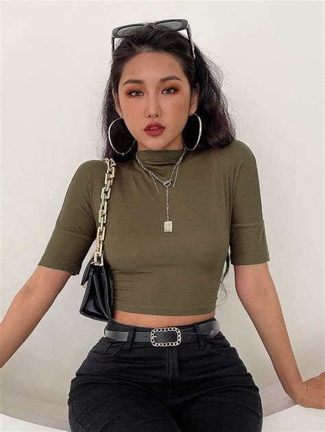 Solid Mock Neck Crop Tee In 2024 Olive Long Sleeve Top Long Sleeve