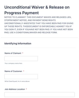 Unconditional Waiver Release On Progress Payment Form Template Jotform