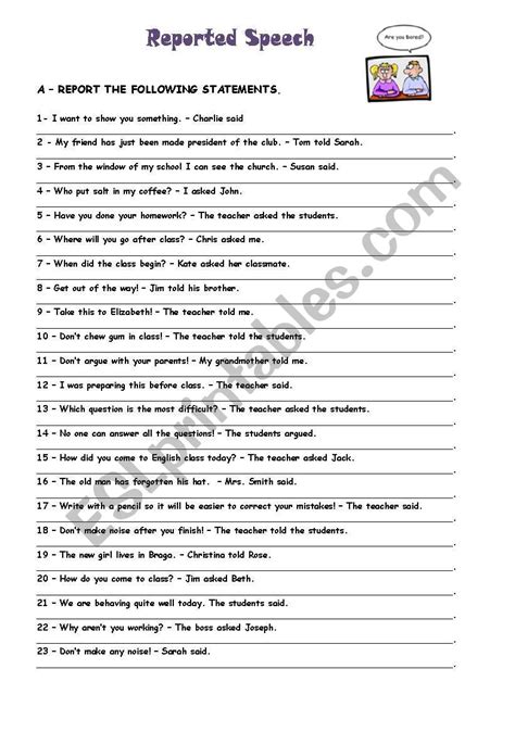 Reported Speech Exercises Esl Worksheet By Sandramaisa