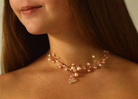 Rose Gold Wedding Choker Pearl Necklace Delicate Crystal Etsy