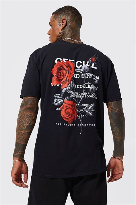 Mens Oversized Floral Back Graphic T Shirt Black L In Tee