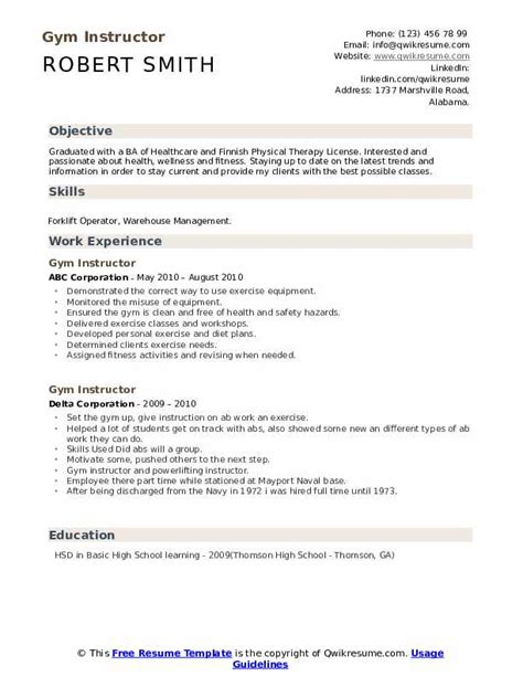 Gym Instructor Resume Samples | QwikResume