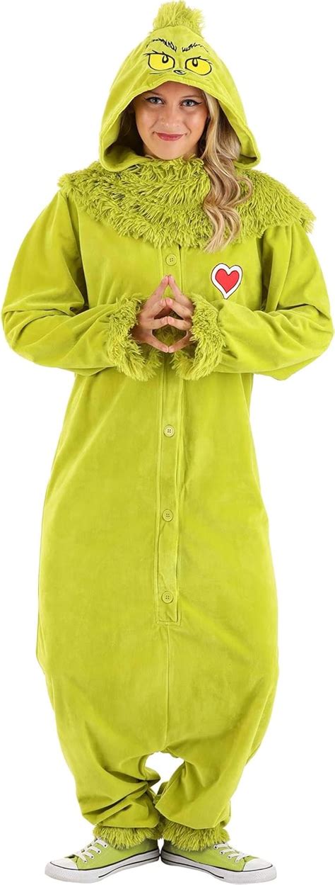 Dr Seuss The Grinch Costume For Adults Grinch Jumpsuit With Hood Furry Green