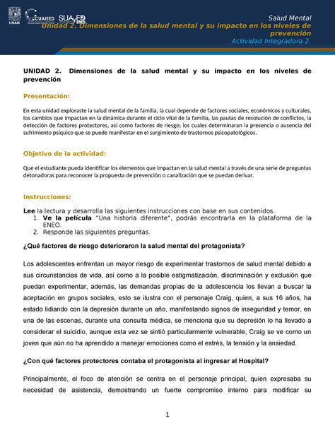 Actividad Integradora Unidad Dimensiones De La Salud Mental Y Su