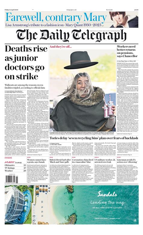 Daily Telegraph Front Page 14th Of April 2023 Tomorrows Papers Today