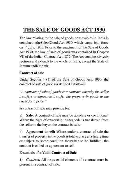 THE SALE OF Goods ACT 1930 THE SALE OF GOODS ACT 1930 The Law