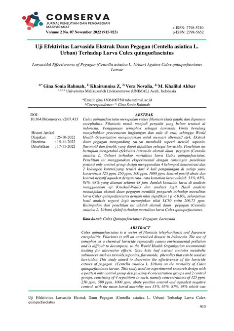 PDF Uji Efektivitas Larvasida Ekstrak Daun Pegagan Centella Asiatica