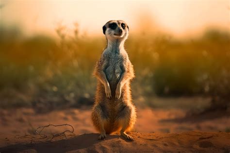 Um Suricato Fica De P Sobre As Patas Traseiras No Deserto Foto Premium