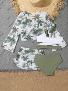 Tween Girl Colorblock Bikini Swimsuit With Coconut Tree Print Cover Up