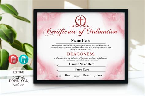 11x8 5 Deaconess Ordination Certificate Red Diy Editable Certificate Of Ordination Pdf Ppt