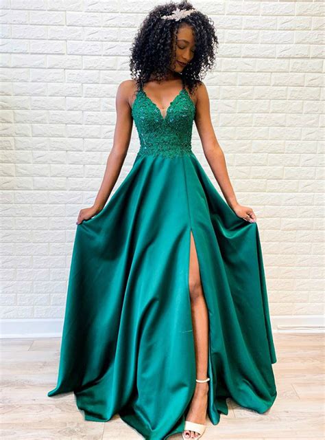 SP1521 Green Spaghetti Straps Long Prom Dresses Applique Beaded Evening