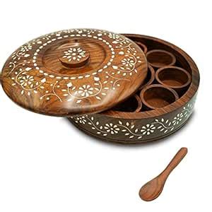 CLASSIC WOOD CARVER Handcrafted Sheesham Wood Round White Inlay Spice