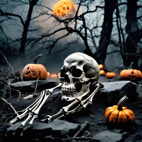 Premium AI Image Halloween Night With Human Skull And Spooky Pumpkin