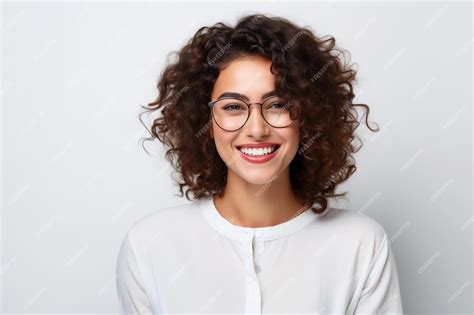 Premium Ai Image A Happy And Satisfied Woman Wearing Glasses Portrayed On A White Background