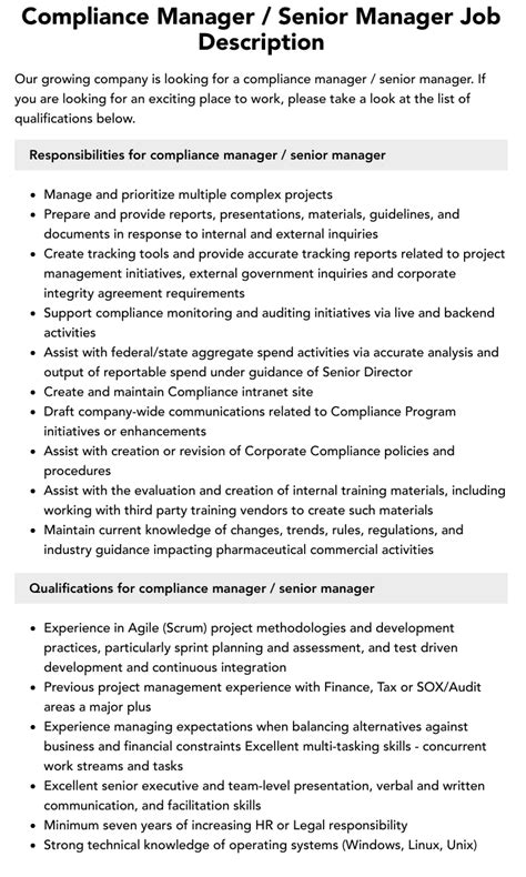 Compliance Manager Senior Manager Job Description Velvet Jobs