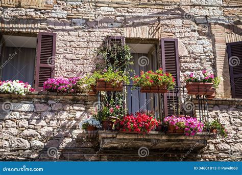 Flowers In Medieval Street Of Assisi Town Italy Stock Image Image Of Travel Medieval 34601813