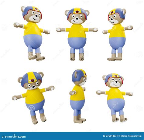 Cartoon Motorcycle Bear Different Angles Isolated On White Background