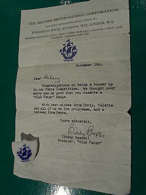 Vintage Blue Peter badge with signed Biddy Baxter letter. 1964 ...