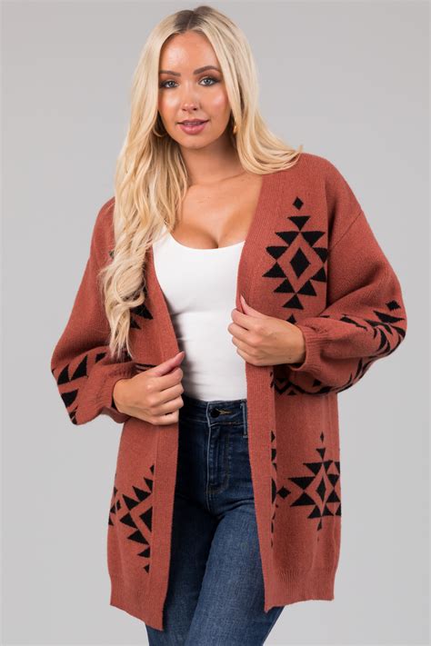 She Sky Chestnut Aztec Print Knit Cardigan Lime Lush Boutique